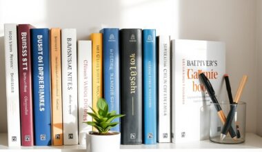 Bookshelf with business books and writing tools for creating a successful blog