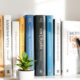 Bookshelf with business books and writing tools for creating a successful blog