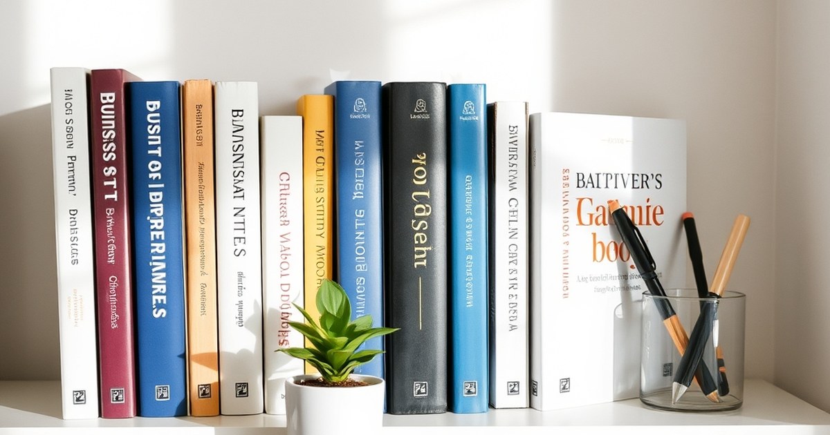Bookshelf with business books and writing tools for creating a successful blog