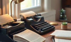 Vintage typewriter with manuscript pages and lamp illustrating tips for writing motivational stories