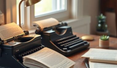 Vintage typewriter with manuscript pages and lamp illustrating tips for writing motivational stories