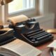 Vintage typewriter with manuscript pages and lamp illustrating tips for writing motivational stories