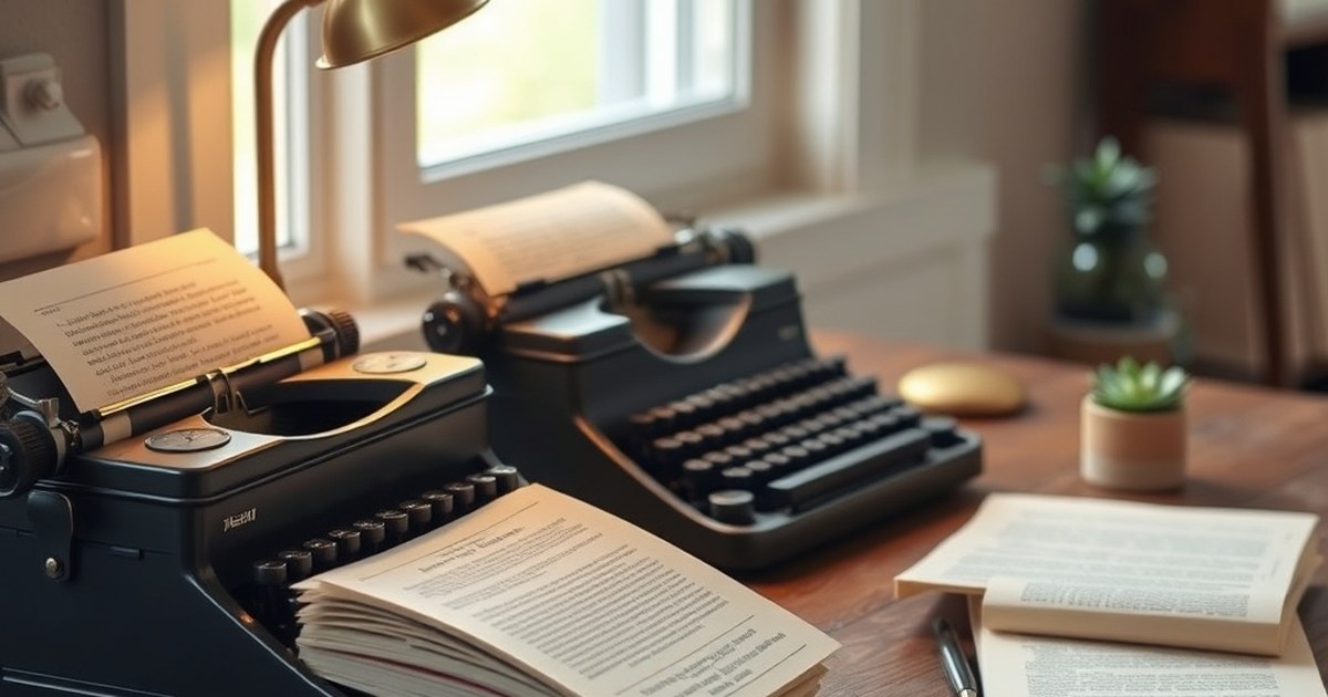 Vintage typewriter with manuscript pages and lamp illustrating tips for writing motivational stories