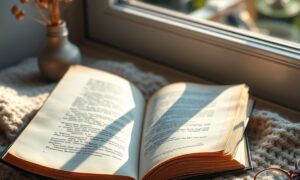 Open book on a sunlit window seat showing the benefits of reading inspirational stories for personal growth