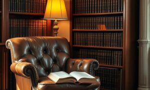 Leather armchair and bookshelf of hardcover volumes representing best books on business strategy for entrepreneurs