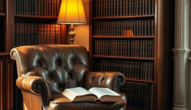 Leather armchair and bookshelf of hardcover volumes representing best books on business strategy for entrepreneurs