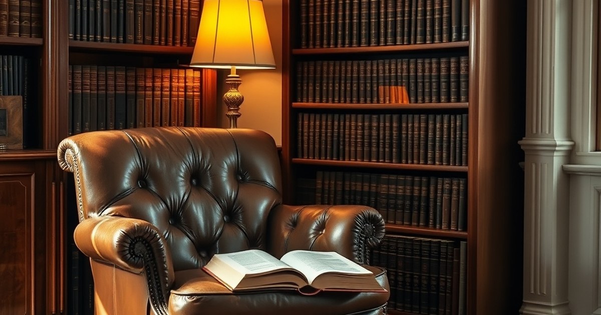 Leather armchair and bookshelf of hardcover volumes representing best books on business strategy for entrepreneurs