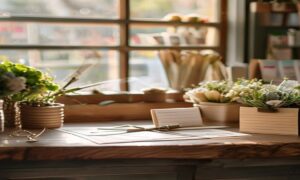 Florist counter with customer card file showing retention software workflow for solopreneurs