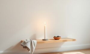 Candle and river stones on a quiet shelf representing learning self discipline as a beginner