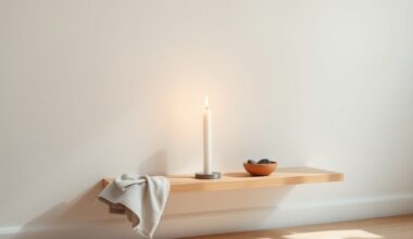 Candle and river stones on a quiet shelf representing learning self discipline as a beginner