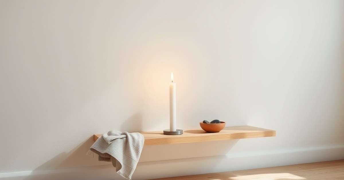 Candle and river stones on a quiet shelf representing learning self discipline as a beginner