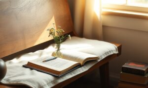 Sunlit reading nook with open journal illustrating how to create engaging content for a personal development blog