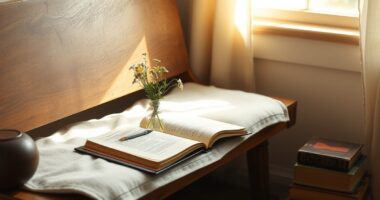 Sunlit reading nook with open journal illustrating how to create engaging content for a personal development blog