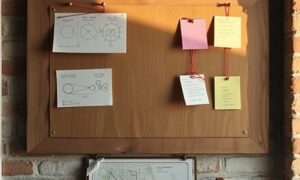 Strategy pinboard with diagrams and compass showing how to create a successful business strategy for a small business