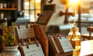 Handwritten loyalty punch cards on a small shop counter showing a customer loyalty program for a single location shop