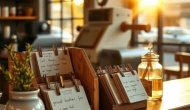 Handwritten loyalty punch cards on a small shop counter showing a customer loyalty program for a single location shop