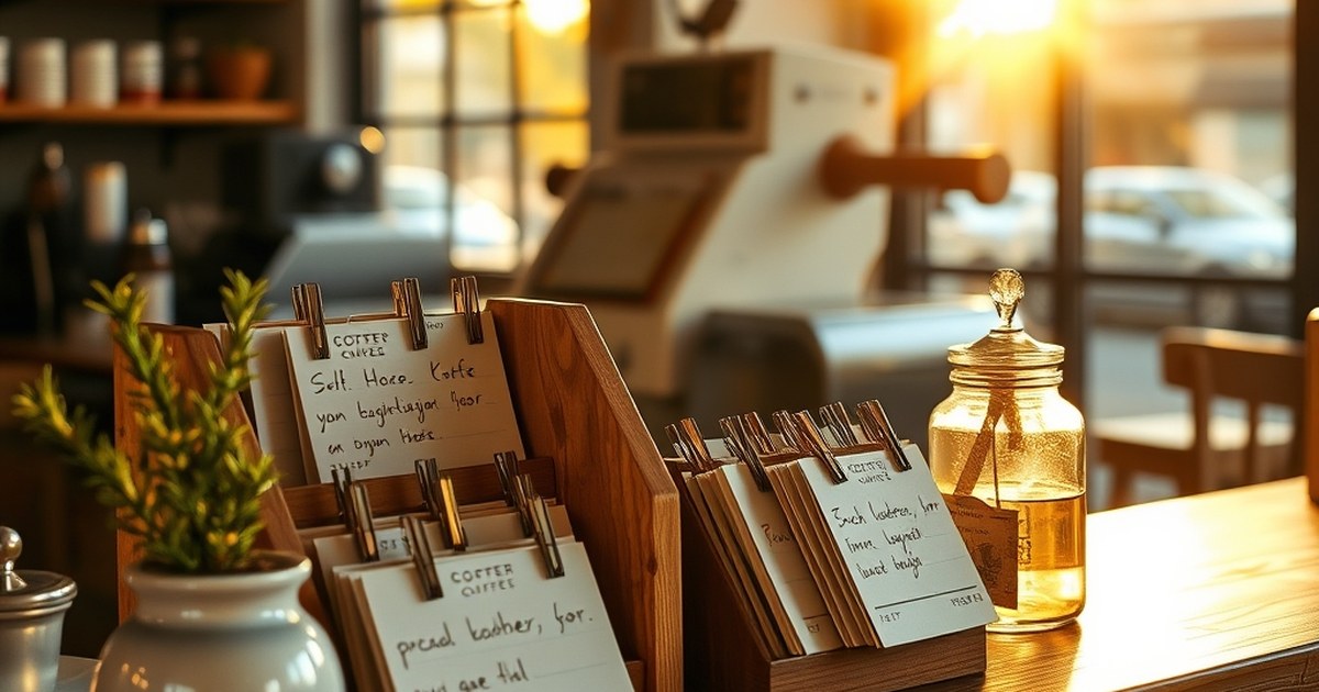 Handwritten loyalty punch cards on a small shop counter showing a customer loyalty program for a single location shop