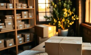 Small e-commerce fulfilment studio with kraft boxes and thank-you cards illustrating customer retention strategies