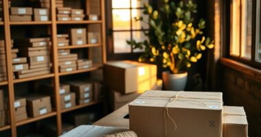 Small e-commerce fulfilment studio with kraft boxes and thank-you cards illustrating customer retention strategies