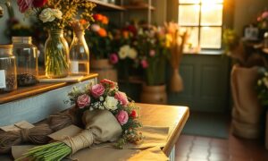 Independent florist shop counter with wrapped bouquet showing how to keep customers coming back to a small business