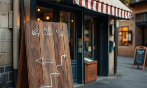 Neighbourhood shopfront with sandwich board showing how to use local SEO to attract more customers