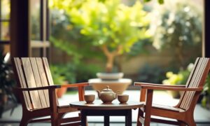 Two facing chairs in a sunlit courtyard illustrating mindfulness to improve communication skills