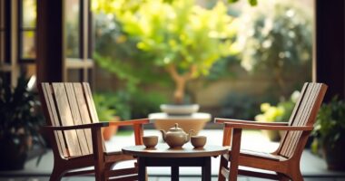Two facing chairs in a sunlit courtyard illustrating mindfulness to improve communication skills