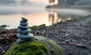 Misty lakeside path at dawn with balanced stone cairn representing overcoming negative self-talk