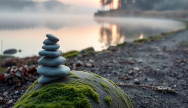 Misty lakeside path at dawn with balanced stone cairn representing overcoming negative self-talk