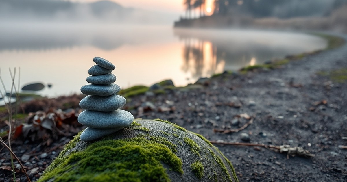 Misty lakeside path at dawn with balanced stone cairn representing overcoming negative self-talk