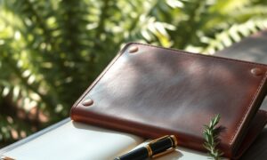 Open journal and compass on a garden bench illustrating personal development plan for career growth