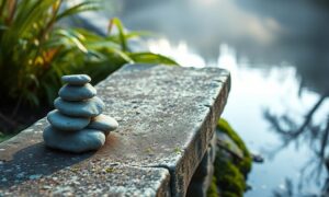 Quiet garden pond and stone bench illustrating ways to reduce negative self talk