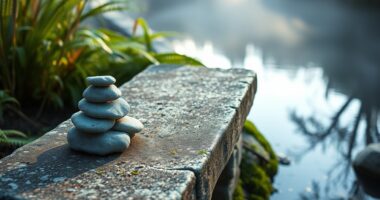 Quiet garden pond and stone bench illustrating ways to reduce negative self talk