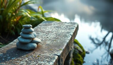 Quiet garden pond and stone bench illustrating ways to reduce negative self talk