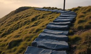 Misty hillside staircase at dawn representing self discipline to achieve long term goals