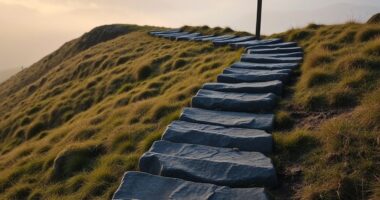 Misty hillside staircase at dawn representing self discipline to achieve long term goals