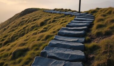 Misty hillside staircase at dawn representing self discipline to achieve long term goals