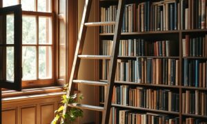 Sunlit library nook with ladder and books representing starting a personal development blog with zero budget