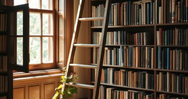Sunlit library nook with ladder and books representing starting a personal development blog with zero budget