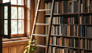 Sunlit library nook with ladder and books representing starting a personal development blog with zero budget