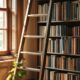Sunlit library nook with ladder and books representing starting a personal development blog with zero budget