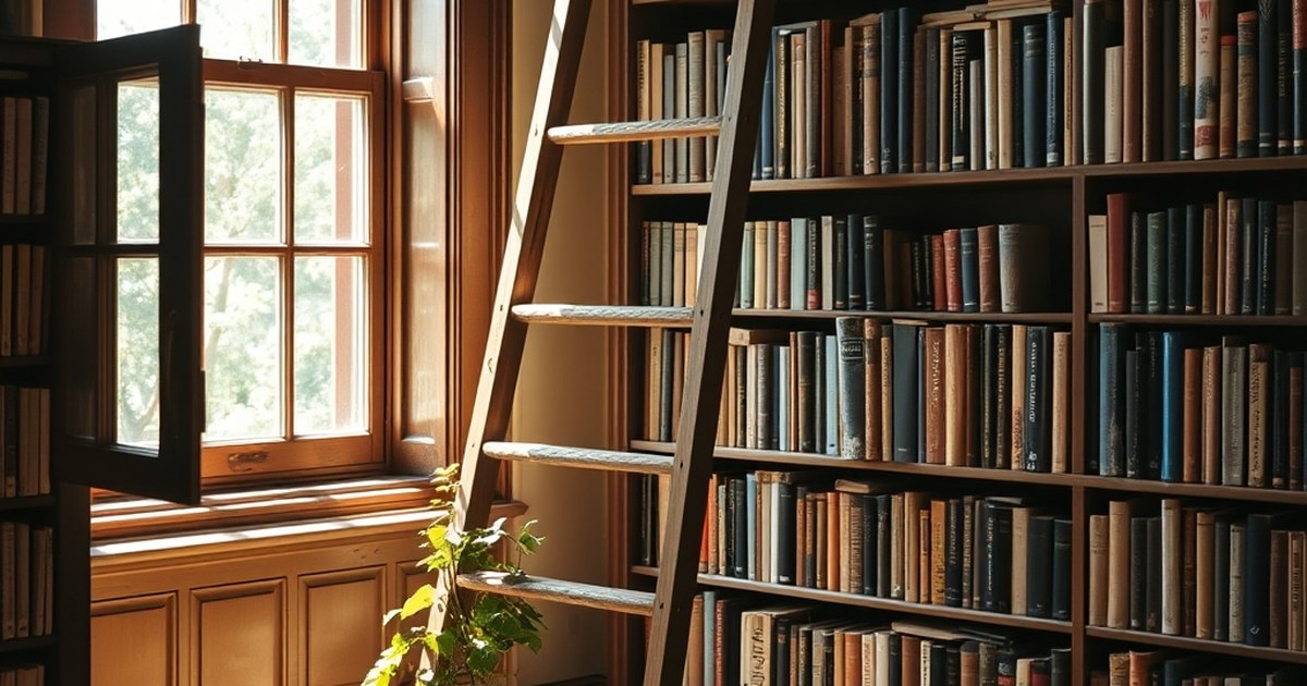 Sunlit library nook with ladder and books representing starting a personal development blog with zero budget