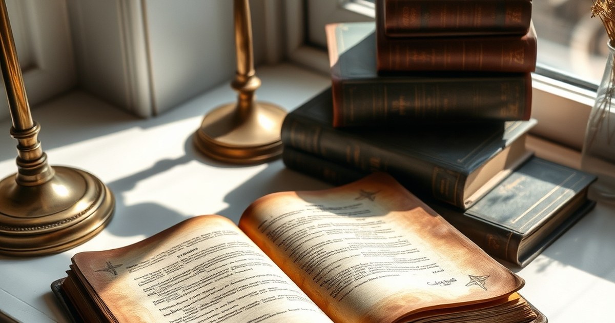Open journal and vintage storybooks on a sunlit windowsill for writing motivational stories that inspire readers