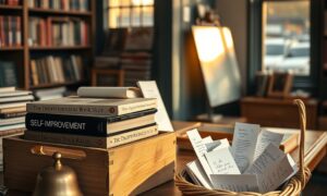 Independent bookshop counter with self-improvement books representing best affiliate programs for personal development bloggers