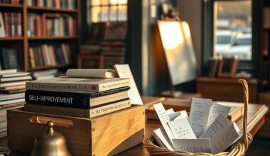 Independent bookshop counter with self-improvement books representing best affiliate programs for personal development bloggers