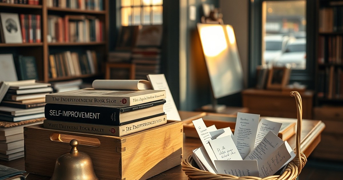 Independent bookshop counter with self-improvement books representing best affiliate programs for personal development bloggers