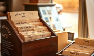 Small shop counter with loyalty cards and index file illustrating best CRM for tracking customer retention metrics for small business