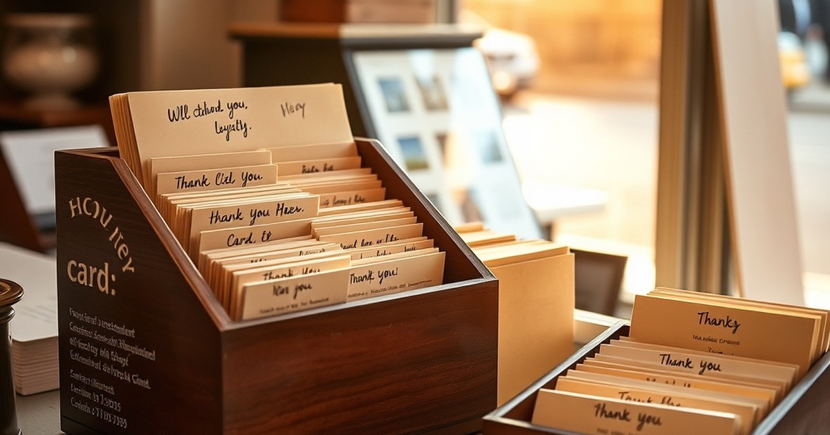 Small shop counter with loyalty cards and index file illustrating best CRM for tracking customer retention metrics for small business