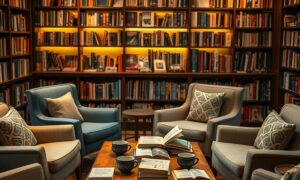 Circle of empty armchairs in a bookshop nook representing the best online community platform for self improvement creators