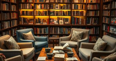 Circle of empty armchairs in a bookshop nook representing the best online community platform for self improvement creators